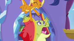 Size: 1280x720 | Tagged: safe, screencap, character:sludge, character:smolder, episode:father knows beast, g4, my little pony: friendship is magic, clothing, cute, robe, smolderbetes