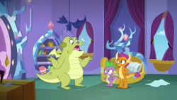 Size: 1280x720 | Tagged: safe, screencap, character:sludge, character:smolder, character:spike, species:dragon, episode:father knows beast, g4, my little pony: friendship is magic, displeased, dragoness, female, fraud, male, raised eyebrow, shrug, spike's room, trio, winged spike