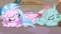 Size: 463x262 | Tagged: safe, screencap, character:gallus, character:ocellus, character:silverstream, character:yona, species:changedling, species:changeling, species:classical hippogriff, species:hippogriff, species:reformed changeling, episode:what lies beneath, g4, my little pony: friendship is magic, bad quality, cropped, cute, diaocelles, diastreamies, duo focus, eyes closed, female, implied gallus, implied yona, lowres, offscreen character, pixelated, sleeping, smiling, wings