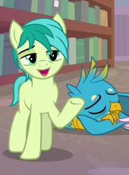 Size: 317x430 | Tagged: safe, screencap, character:gallus, character:sandbar, species:earth pony, species:griffon, species:pony, episode:what lies beneath, g4, my little pony: friendship is magic, book, bookshelf, cropped, cute, gallabetes, male, sandabetes, teenager, tired