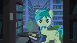 Size: 1280x720 | Tagged: safe, screencap, character:sandbar, species:earth pony, species:pony, episode:school raze, g4, my little pony: friendship is magic, book, bookshelf, cute, cutie mark, globe, library, male, mouth hold, sandabetes, smiling, solo, teenager