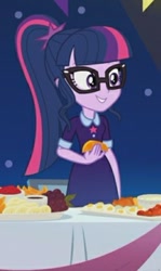Size: 233x391 | Tagged: safe, screencap, character:twilight sparkle, character:twilight sparkle (scitwi), species:eqg human, my little pony:equestria girls, clothing, cropped, egg (food), female, food, fruit, glasses, grapes, ponytail, smiling, solo