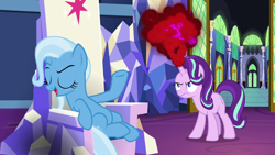 Size: 1280x720 | Tagged: safe, screencap, character:starlight glimmer, character:trixie, species:pony, species:unicorn, episode:all bottled up, g4, my little pony: friendship is magic, anger magic, angry, chair, friendship throne, magic, throne