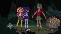 Size: 1280x720 | Tagged: safe, screencap, character:spike, character:spike (dog), character:sunset shimmer, character:timber spruce, character:twilight sparkle, character:twilight sparkle (scitwi), species:dog, species:eqg human, equestria girls:legend of everfree, g4, my little pony:equestria girls, axe, boots, camp everfree outfits, cap, clothing, converse, female, forest, hat, legs, logs, male, pickaxe, ponytail, shoes, shorts, smiling, sneakers, weapon