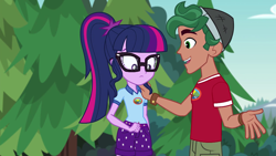 Size: 1280x720 | Tagged: safe, screencap, character:timber spruce, character:twilight sparkle, character:twilight sparkle (scitwi), species:eqg human, ship:timbertwi, equestria girls:legend of everfree, g4, my little pony:equestria girls, camp everfree outfits, clothing, female, forest, glasses, hand on shoulder, male, ponytail, shipping, shorts, straight