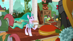Size: 1280x720 | Tagged: safe, screencap, character:mistmane, character:sable spirit, species:pony, species:unicorn, episode:campfire tales, g4, my little pony: friendship is magic, armor, clothing, curved horn, displeased, ethereal mane, female, flowing mane, flowing tail, horn, lidded eyes, mare, mistmane is not amused, palace, raised eyebrows, raised hoof, sarcasm, solo focus, throne, throne room, unamused, unimpressed