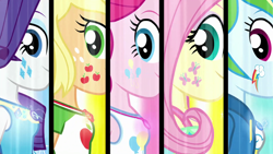 Size: 1920x1080 | Tagged: safe, screencap, character:applejack, character:fluttershy, character:pinkie pie, character:rainbow dash, character:rarity, equestria girls:forgotten friendship, g4, my little pony:equestria girls, alternative cutie mark placement, awesome cutie mark, cute, cutie mark, cutie mark on equestria girl, facial cutie mark, geode of fauna, geode of shielding, geode of sugar bombs, geode of super speed, geode of super strength, happy, humane five, looking at you, magical geodes, smiling