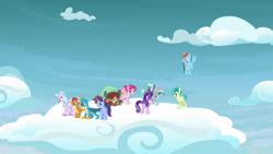 Size: 1280x720 | Tagged: safe, screencap, character:bifröst, character:gallus, character:night view, character:november rain, character:ocellus, character:rainbow dash, character:sandbar, character:silverstream, character:smolder, character:starlight glimmer, character:yona, species:changedling, species:changeling, species:classical hippogriff, species:dragon, species:earth pony, species:griffon, species:hippogriff, species:pegasus, species:pony, species:reformed changeling, species:unicorn, species:yak, episode:school raze, g4, my little pony: friendship is magic, background pony, bow, cloud, cutie mark, dragoness, eyes closed, female, flying, friendship student, glowing horn, hair bow, hooves, horn, horns, looking down, magic, male, mare, on a cloud, raised hoof, spread wings, stallion, standing on a cloud, student six, teenager, wings