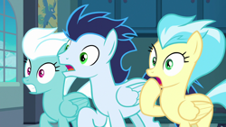 Size: 1280x720 | Tagged: safe, screencap, character:fleetfoot, character:misty fly, character:soarin', species:pegasus, species:pony, episode:grannies gone wild, g4, my little pony: friendship is magic, female, male, mare, shocked, stallion, trio, wings