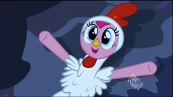 Size: 1280x720 | Tagged: safe, screencap, character:pinkie pie, character:twilight sparkle, species:bird, species:chicken, episode:luna eclipsed, g4, my little pony: friendship is magic, animal costume, chicken pie, chicken suit, clothing, costume, cute, diapinkes, hub logo, nightmare night costume, silhouette, solo focus
