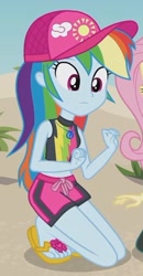 Size: 1096x2100 | Tagged: safe, screencap, character:fluttershy, character:rainbow dash, my little pony:equestria girls, aww... baby turtles, beach, cap, clothing, cropped, feet, flip-flops, geode of super speed, hat, heel pop, kneeling, magical geodes, sandals, shorts, solo focus, swimming trunks, swimsuit