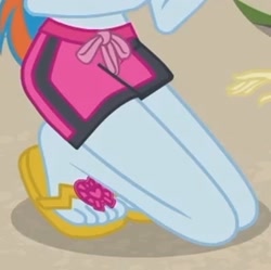 Size: 2100x2093 | Tagged: safe, screencap, character:fluttershy, character:rainbow dash, my little pony:equestria girls, aww... baby turtles, clothing, cropped, feet, flip-flops, foot focus, heel pop, kneeling, legs, pictures of legs, sandals, shorts, solo focus, swimming trunks