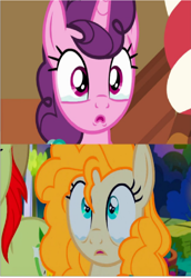 Size: 706x1024 | Tagged: safe, screencap, character:bright mac, character:pear butter, character:sugar belle, episode:the break up break down, episode:the perfect pear, g4, my little pony: friendship is magic, comparison, crying