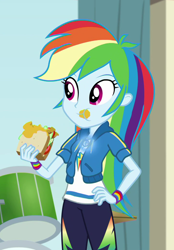 Size: 716x1029 | Tagged: safe, screencap, character:rainbow dash, episode:overpowered, g4, my little pony:equestria girls, clothing, cropped, female, food, geode of super speed, hoodie, jacket, magical geodes, pants, sandwich, solo
