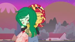 Size: 1920x1080 | Tagged: safe, screencap, character:sunset shimmer, character:wallflower blush, equestria girls:forgotten friendship, g4, my little pony:equestria girls, blushing, cute, duo, female, flowerbetes, house, hug, shimmerbetes, shipping fuel, super ponied up