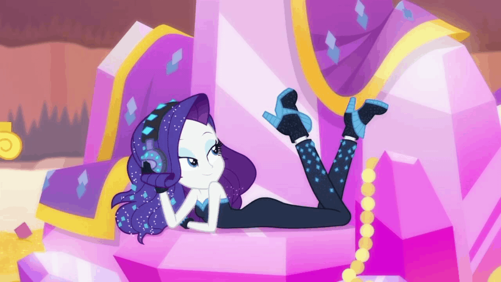 Size: 998x561 | Tagged: safe, screencap, character:rarity, episode:the other side, g4, my little pony:equestria girls, animated, ass, bare shoulders, beautiful, butt, clothing, cute, diamonds, female, gem, gif, headphones, high heels, lidded eyes, looking at you, music video, one eye closed, raribetes, rearity, shoes, sleeveless, smiling, solo, strapless, wink, you know for kids