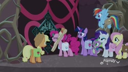 Size: 1920x1080 | Tagged: safe, screencap, character:applejack, character:fluttershy, character:pinkie pie, character:rainbow dash, character:rarity, character:spike, character:twilight sparkle, character:twilight sparkle (alicorn), species:alicorn, species:dragon, species:pony, episode:school raze, g4, my little pony: friendship is magic, discovery family logo, gates of tartarus, mane seven, mane six, pizza head, saddle bag, tartarus, winged spike