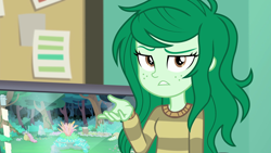 Size: 1920x1080 | Tagged: safe, screencap, character:wallflower blush, equestria girls:forgotten friendship, g4, my little pony:equestria girls, computer, garden, gesture, looking at you, solo, unamused