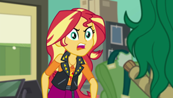 Size: 1920x1080 | Tagged: safe, screencap, character:sunset shimmer, character:wallflower blush, equestria girls:forgotten friendship, g4, my little pony:equestria girls, angry, clothing, female, geode of empathy, jacket, skirt