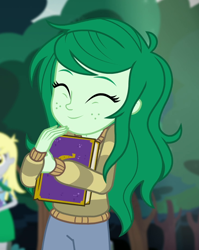 Size: 730x918 | Tagged: safe, screencap, character:derpy hooves, character:wallflower blush, equestria girls:forgotten friendship, g4, my little pony:equestria girls, ^^, cropped, cute, eyes closed, flowerbetes, happy, solo, solo focus, yearbook