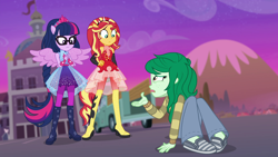 Size: 1920x1080 | Tagged: safe, screencap, character:sunset shimmer, character:twilight sparkle, character:twilight sparkle (scitwi), character:wallflower blush, species:eqg human, equestria girls:forgotten friendship, g4, my little pony:equestria girls, animation error, female, ponied up, scitwilicorn, wings