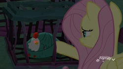 Size: 1920x1080 | Tagged: safe, screencap, character:fluttershy, species:cockatrice, species:pegasus, species:pony, episode:school raze, g4, my little pony: friendship is magic, cage, curled up, female, glowing eyes, mare, red eyes