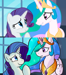 Size: 2053x2310 | Tagged: safe, artist:mandy1412, screencap, character:princess celestia, character:rarity, species:alicorn, species:pony, species:unicorn, episode:sweet and elite, g4, my little pony: friendship is magic, comparison, duo, female, jewelry, looking at each other, mare, raised hoof, redraw, regalia, scene interpretation, smiling