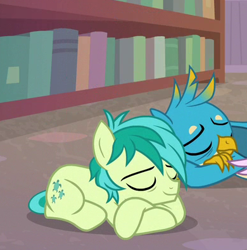 Size: 390x395 | Tagged: safe, screencap, character:gallus, character:sandbar, character:silverstream, species:earth pony, species:griffon, species:pony, episode:what lies beneath, g4, my little pony: friendship is magic, bookshelf, cropped, cute, cutie mark, duo, eyes closed, gallabetes, implied silverstream, male, sandabetes, sleeping, smiling, teenager