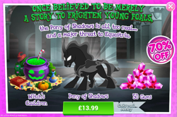 Size: 797x528 | Tagged: safe, gameloft, official, screencap, character:pony of shadows, species:alicorn, species:pony, episode:shadow play, g4, my little pony: friendship is magic, adoracreepy, advertisement, cauldron, costs real money, crack is cheaper, creepy, cute, first male alicorn, gem, male, sale, shadorable, shadow pony, stallion, standing