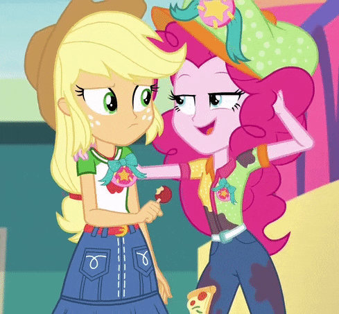 Size: 489x453 | Tagged: safe, screencap, character:applejack, character:pinkie pie, equestria girls:rollercoaster of friendship, g4, my little pony:equestria girls, animated, applejack's hat, arm around neck, candy, clothing, cowboy hat, cropped, duo, food, hat, lollipop, one eye closed, out of context, wink