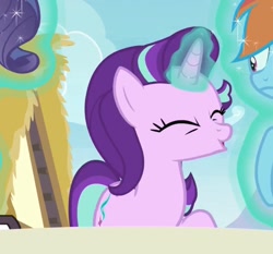 Size: 823x768 | Tagged: safe, screencap, character:starlight glimmer, species:pony, species:unicorn, cropped, duckface, eyes closed, glowing horn, solo focus