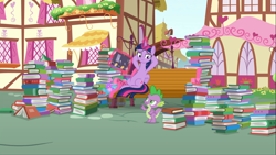 Size: 1555x875 | Tagged: safe, screencap, character:spike, character:twilight sparkle, character:twilight sparkle (alicorn), species:alicorn, species:dragon, species:pony, episode:yakity-sax, g4, my little pony: friendship is magic, bench, book, female, glowing horn, hooves behind head, levitation, lidded eyes, lots of books, magic, magic aura, male, ponyville, reclining, relaxed, telekinesis, that pony sure does love books, winged spike