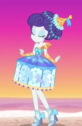 Size: 466x720 | Tagged: safe, screencap, character:rarity, episode:the other side, g4, my little pony:equestria girls, alternate costumes, beach, carousel dress, cropped, cute, eyes closed, eyeshadow, fabulous, high heels, makeup, ocean, open-toed shoes, raribetes, shoes, solo