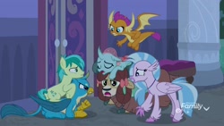 Size: 1920x1080 | Tagged: safe, screencap, character:gallus, character:ocellus, character:sandbar, character:silverstream, character:smolder, character:yona, species:changedling, species:changeling, species:classical hippogriff, species:dragon, species:earth pony, species:griffon, species:hippogriff, species:pony, species:reformed changeling, species:yak, episode:school raze, g4, my little pony: friendship is magic, cloven hooves, cutie mark, dragoness, female, male, ponies riding griffons, student six, teenager