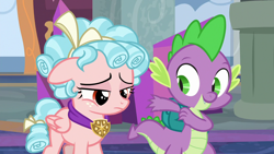 Size: 1280x720 | Tagged: safe, screencap, character:cozy glow, character:spike, species:dragon, species:pegasus, species:pony, episode:school raze, g4, my little pony: friendship is magic, duo, female, filly, foal, male, sad, winged spike