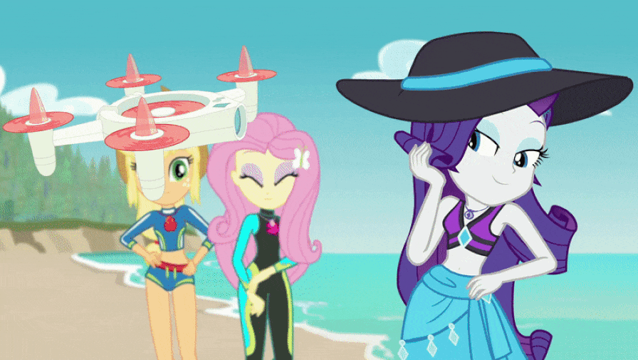 Size: 896x505 | Tagged: safe, screencap, character:applejack, character:fluttershy, character:rarity, character:sunset shimmer, equestria girls:forgotten friendship, g4, my little pony:equestria girls, animated, arm behind head, beach, beach babe, belly button, bikini, bikini babe, blowing a kiss, clothing, cute, drone, geode of empathy, geode of fauna, geode of shielding, geode of super strength, gif, hat, heart, ocean, raribetes, sarong, selfie drone, shimmerbetes, summer sunset, sun hat, sunset selfie, swimsuit