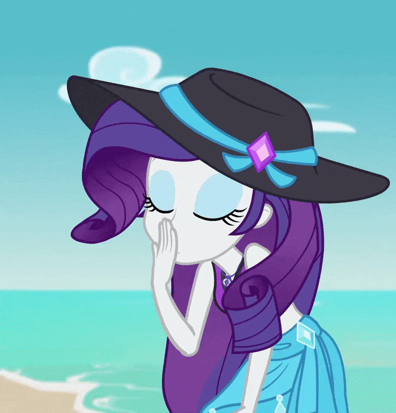 Size: 800x836 | Tagged: safe, screencap, character:rarity, equestria girls:forgotten friendship, g4, my little pony:equestria girls, adorasexy, animated, beautiful, belly button, bikini, blowing a kiss, clothing, cropped, cute, female, geode of shielding, gif, hat, heart, midriff, raribetes, sarong, sexy, solo, stomach, sun hat, swimsuit