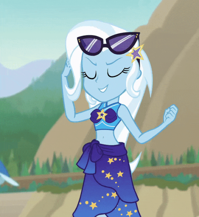 Size: 660x720 | Tagged: safe, screencap, character:trixie, equestria girls:forgotten friendship, g4, my little pony:equestria girls, animated, barrette, belly button, bikini, bikini babe, clothing, cropped, female, gif, glasses, great and powerful, loop, midriff, sarong, solo, sunglasses, swimsuit