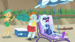 Size: 1920x1080 | Tagged: safe, screencap, character:snails, character:snips, character:trixie, equestria girls:forgotten friendship, g4, my little pony:equestria girls, beach, beach chair, beach umbrella, belly button, clothing, feet, flip-flops, open mouth, partial nudity, sandals, sunglasses, swimsuit, tan lines, topless, trixie's fans