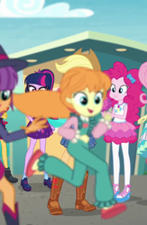 Size: 704x1079 | Tagged: safe, screencap, character:fluttershy, character:ginger owlseye, character:megan williams, character:pinkie pie, character:sunset shimmer, character:twilight sparkle, character:twilight sparkle (scitwi), species:eqg human, equestria girls:rollercoaster of friendship, g1, g4, my little pony:equestria girls, background human, cameo, child, clothing, cropped, g1 to equestria girls, generation leap, geode of sugar bombs, pantyhose, running