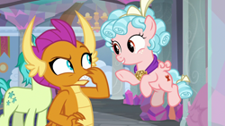 Size: 1280x720 | Tagged: safe, screencap, character:cozy glow, character:sandbar, character:smolder, species:dragon, species:earth pony, species:pegasus, species:pony, episode:school raze, g4, my little pony: friendship is magic, claws, cutie mark, dragoness, female, filly, flying, foal, insulted, male, mocking, raised eyebrow, wings