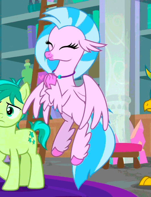 Size: 530x692 | Tagged: safe, screencap, character:gallus, character:sandbar, character:silverstream, species:classical hippogriff, species:earth pony, species:griffon, species:hippogriff, species:pony, episode:school raze, g4, my little pony: friendship is magic, animated, clapping, colored hooves, cropped, cute, cutie mark, diastreamies, female, flying, gif, loop, male, solo focus, teenager