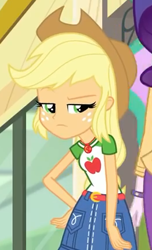 Size: 262x430 | Tagged: safe, screencap, character:applejack, character:princess celestia, character:principal celestia, character:rarity, episode:best trends forever, g4, my little pony:equestria girls, applejack is not amused, applejack's hat, belt, best trends forever: pinkie pie, clothing, cowboy hat, cropped, denim skirt, female, freckles, geode of super strength, hat, offscreen character, skirt, solo focus, stetson, unamused