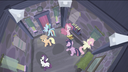 Size: 1440x812 | Tagged: safe, screencap, character:applejack, character:fluttershy, character:pinkie pie, character:rainbow dash, character:rarity, character:twilight sparkle, character:twilight sparkle (alicorn), species:alicorn, species:earth pony, species:pegasus, species:pony, species:unicorn, episode:the cutie map, g4, my little pony: friendship is magic, bird's eye view, book, equal cutie mark, equalized, female, indoctrination hut, loudspeaker, mane six, mare