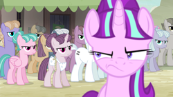 Size: 1440x810 | Tagged: safe, screencap, character:double diamond, character:party favor, character:starlight glimmer, character:sugar belle, species:pegasus, species:pony, species:unicorn, episode:the cutie map, g4, my little pony: friendship is magic, angry, apron, clothing, equal cutie mark, equalized mane, female, looking sideways, male, mare, moon dust, s5 starlight, scowl, stallion
