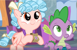 Size: 597x392 | Tagged: safe, screencap, character:cozy glow, character:spike, species:dragon, species:pegasus, species:pony, episode:school raze, g4, my little pony: friendship is magic, cozy glow is best facemaker, cozybetes, cute, duo, duo male and female, female, filly, foal, male, smiling, spikabetes, winged spike, wings