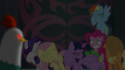 Size: 1280x720 | Tagged: safe, screencap, character:applejack, character:fluttershy, character:pinkie pie, character:rainbow dash, character:rarity, character:spike, character:twilight sparkle, character:twilight sparkle (alicorn), species:alicorn, species:cockatrice, species:dragon, species:earth pony, species:pegasus, species:pony, species:unicorn, episode:school raze, g4, my little pony: friendship is magic, covering eyes, female, glowing eyes, mane seven, mane six, mare, red eyes, tartarus, winged spike