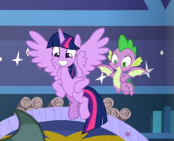 Size: 769x625 | Tagged: safe, screencap, character:spike, character:twilight sparkle, character:twilight sparkle (alicorn), species:alicorn, species:dragon, species:pony, episode:a matter of principals, g4, my little pony: friendship is magic, cropped, duo focus, female, flying, happy, hooves on hips, male, school of friendship, smiling, winged spike, wings