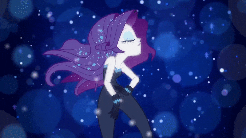 Size: 800x450 | Tagged: safe, screencap, character:rarity, episode:the other side, g4, my little pony:equestria girls, animated, bare shoulders, beautiful, bedroom eyes, clothing, flowing hair, gif, gloves, lidded eyes, music video, pose, sexy, sinfully sexy, sleeveless, solo, sparkles, strapless