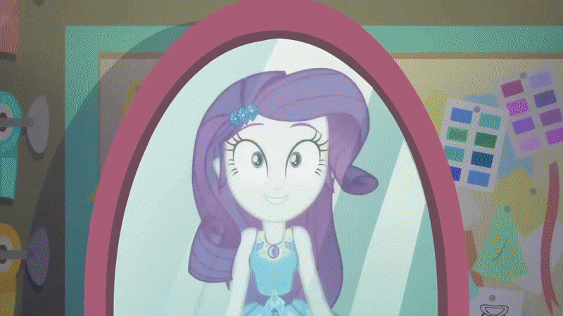 Size: 800x450 | Tagged: safe, screencap, character:rarity, episode:the other side, g4, my little pony:equestria girls, animated, bare shoulders, carousel dress, clothing, feet, geode of shielding, gif, high heels, jumping, magical geodes, mirror, one eye closed, open-toed shoes, sandals, shoes, sleeveless, strapless, toes, wink